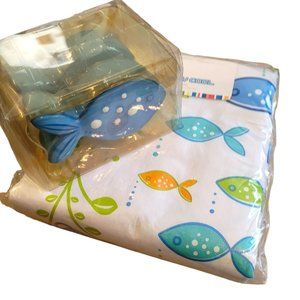 So Hot Blue and White Fish Vinyl Tablecloth and Salt and Pepper Shakers DH634